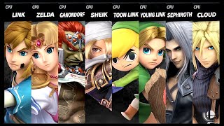 Link VS Zelda VS Ganondorf VS Sheik VS Toon Link VS Young Link VS Sephiroth VS Cloud Smash Ultimate [upl. by Nimsay]