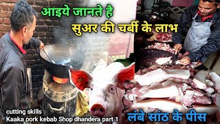 सुअर की चर्बी के क्या लाभ है  Indian style pig meat cutting skills  Kaaka pork kebab Shop part 1 [upl. by Ahsiner]