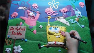 Spongebob and Friends at Jellyfish Fields Wall Art  Relief Sculpting [upl. by Sillyhp]