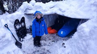 Survival Shelter Winter Camping in Blizzard  Deep Snow Camping in Alaska [upl. by Sollie]