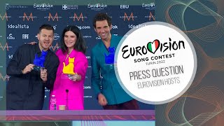 PRESS QUESTION ► Cattelan  Pausini  Mika Hosts Eurovision 2022 [upl. by Atsahc]