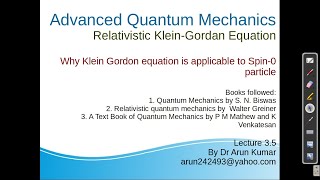 Lecture 35 Why Klein Gordon equation is applicable to Spin0 particle [upl. by Ennazzus]