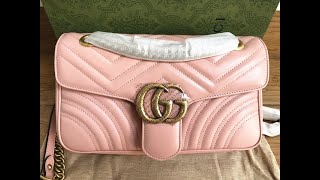 Original Gucci Calfskin Matelasse Small GG Marmont Shoulder Bag Perfect Pink HD Unboxing [upl. by Lovato745]