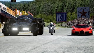 Kawasaki Ninja H2 vs Batmobile vs Bugatti La Voiture Noire at Old SPA [upl. by Eloise]