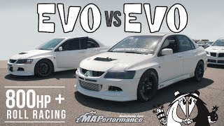 Evo 8 vs Evo 9 800hp Roll Racing  20L vs 22L w PTE 6466 [upl. by Airtemad]