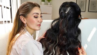 ASMR Cute Hair Bow Half Up Hairstyle  Hair Styling Parting Spraying amp Gentle Curling SoftSpoken [upl. by Guimond]