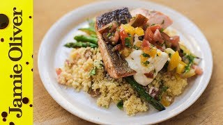 PanFried Salmon with Tomato Couscous  Jamie Oliver [upl. by Montanez]