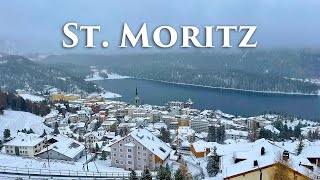 St Moritz Switzerland 4K  Snowy Scenic Walk Relaxing Snowfall Video  Travel Vlog Walking Tour [upl. by Ecnerwaled]