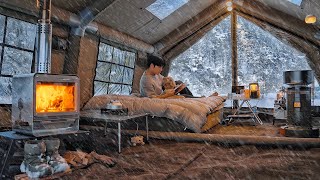 Camping in Heavy Snow with My Dog  2Room Inflatable Tent  Wood Stove ASMR [upl. by Gnanmas]