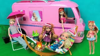 Anna and Elsa Toddlers Camping  Pool Party Barbie Glam Camper Van Morning Routine Chelsea Toys Doll [upl. by Arbuckle]