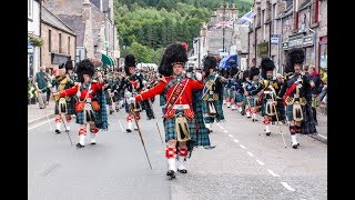 Massed Pipes amp Drums parade through Deeside town to start the Ballater Highland Games 2018 [upl. by Pepita]