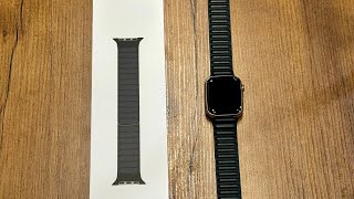 Unboxing Apple Leather Band for Watch Series 9  Stainless Steel  Gold  45mm [upl. by Edivad]