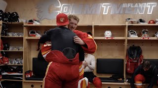 Wolf gets the game puck after his firstcareer shutout  Calgary Flames [upl. by Nilcaj]