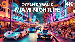 Miami Ocean Drive Nightlife  Supercars amp Vibrant Street Scenes  4K Walking Tour CAPTION [upl. by Janene]