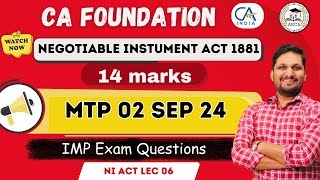 Negotiable Instrument Act  CA Foundation Law  MTP 02 Sep 24  IMP EXAM QUESTION cafoundation [upl. by Opiak440]