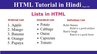 HTML Lists in Hindi  Ordered List  Unordered List  Definition List [upl. by Haek]