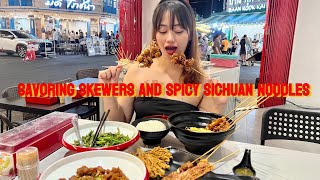 Enjoying skewers and Spicy Sichuan noodles in the heart of BangkokBanthat Thong Road🍡🍢🍝 [upl. by Lrem]