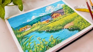 how to paint Ghibli style painting  gouache painting for beginners ghibli gouache art [upl. by Amathist]