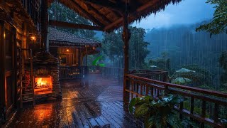 Maximum Relaxation and Sleep Well with Torrential Rain amp Distant Thunder Fireplace Sound on Balcon [upl. by Gentes622]