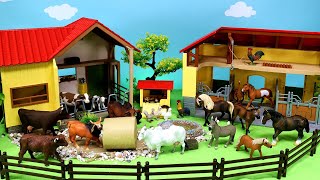 Cow Barn and Horse Stable  Farmyard Animal Figurines Horses Cows [upl. by Bovill]