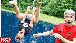 CRAZY BACKYARD ZIPLINE BACKFLIP CHALLENGE INTO POND with Stephen Sharer you decide [upl. by Drue]