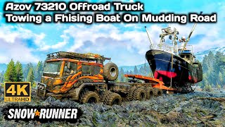 Azov 73210 Offroad Truck Towing a Fhising Boat On Mudding Road In SnowRunner Season 14 truck 4k [upl. by Ary]