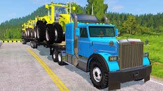 Tractors Transportation with Truck on Flatbed Trailer  Train vs Tractor  BeamNGDrive 010 [upl. by Nirtak]