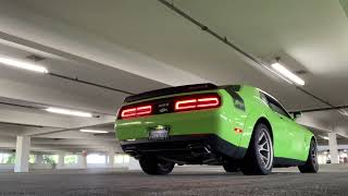 Dodge Challenger Sublime Green Swinger Limited Shaker hood medium Revs echo at the mall [upl. by Yhtnomit]