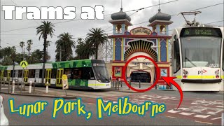 Trams at Melbourne’s inner city Beach Trams at St Kilda Acland Street and Lunar Park [upl. by Nirtiac]