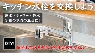 【カンタンDIY！】キッチン水栓を最新式に！自分でなんとかできる水栓の交換方法！固着してしまった水栓を取り外す裏ワザもあるよ [upl. by Dielu]