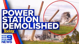 Coalfired power station destroyed in planned demolition  9 News Australia [upl. by Airym]