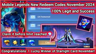 Mobile Legends Redeem Codes November 1 2024  MLBB Diamond Codes  1 Lucky Winner of Starlight card [upl. by Lienahs]