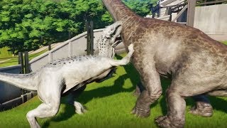 INDOMINUS REX Vs APATOSAURUSBRACHIOSAURUSCAMARASAURUSMAMENCHISAURUS  Jurassic World Evolution [upl. by Eiknarf]