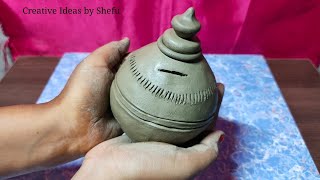 Amazing technique make DIY piggy bank without pottery wheel  money saver mini clay bank [upl. by Neelrahs949]