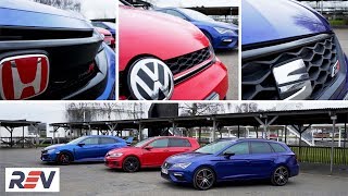 The REV Test Hot hatches Honda Civic Type R vs Seat Leon ST Cupra vs Volkswagen Golf GTI [upl. by Hanimay]