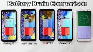 Samsung Galaxy J8 Vs Redmi Note 5 Pro Vs Realme 1 vs A6 Plus Battery Drain Comparison I Hindi [upl. by Adoh]