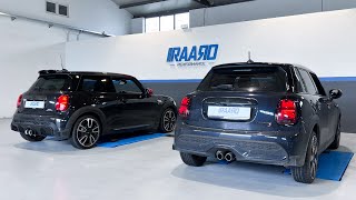 Mini F56 LCI2 JCW vs Cooper S exhaust sound OEM vs RAARO Performance OPF delete midpipe amp PopsampBangs [upl. by Lein452]