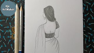 Girl Backside in Saree  How to draw girl backside  Drawing tutorial  Ajv ArtMaker [upl. by Ahsaeym571]