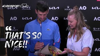 Lovely Moment as Djokovic Gives Flowers to Eurosports Barbata Schett In Interview  Eurosport [upl. by Eramat715]