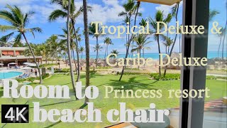 Walk to beach chair Punta Cana from oceanfront Caribe Deluxe Princess resort room 2214 [upl. by Dnomder]