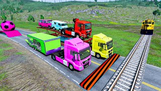 Double Flatbed Trailer Truck vs Speedbumps Train vs Cars  Tractor vs Train BeamngDrive 157 [upl. by Erwin]