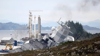 KNM Helge Ingstad ligger delvis på land etter kollisjon [upl. by Anahgem]