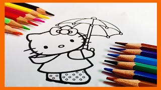 Coloring Hello Kitty Enjoying Rain Coloring Page With Rain Sounds  Mimmi Fun Paint 120 [upl. by Akeim]