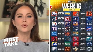 FIRST TAKE  Kay Adams breaks down NFL Week 16 Broncos vs Chargers Texans vs Chiefs  Who win [upl. by Oam]