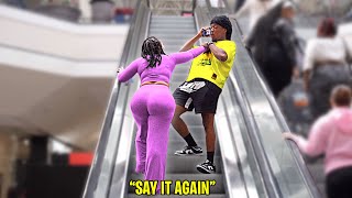 DISRESPECTFUL IM ON THE PHONE PRANK ON ESCALATORS PART 3 [upl. by Adoree]