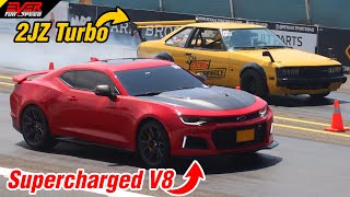 Camaro ZL1 🆚️ Toyota Celica 2JZ 🆚️ Mustang 🆚️Audi RS3 🆚️Montecarlo 🆚️Bel Air 🆚️BMW M240i DRAG RACES [upl. by Schweitzer57]