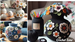 Crochet flower vase design model knitted with wool share ideas created by AI crochet [upl. by Ynaffad581]