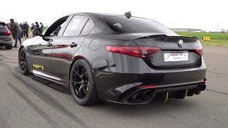 Alfa Romeo Giulia Quadrifoglio 29 V6 with Akrapovic Exhaust  REVS amp DRAG RACING [upl. by Kinom]