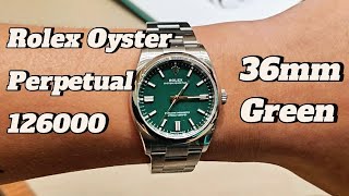 Rolex Oyster Perpetual Green Dial 36mm ref 126000 on Wrist 65 inches luxurywatch rolex [upl. by Solana]