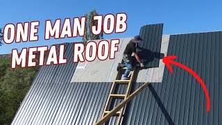 Installing a metal roof on my cabin  AFRAME OFF GRID CABIN BUILD [upl. by Ihana529]